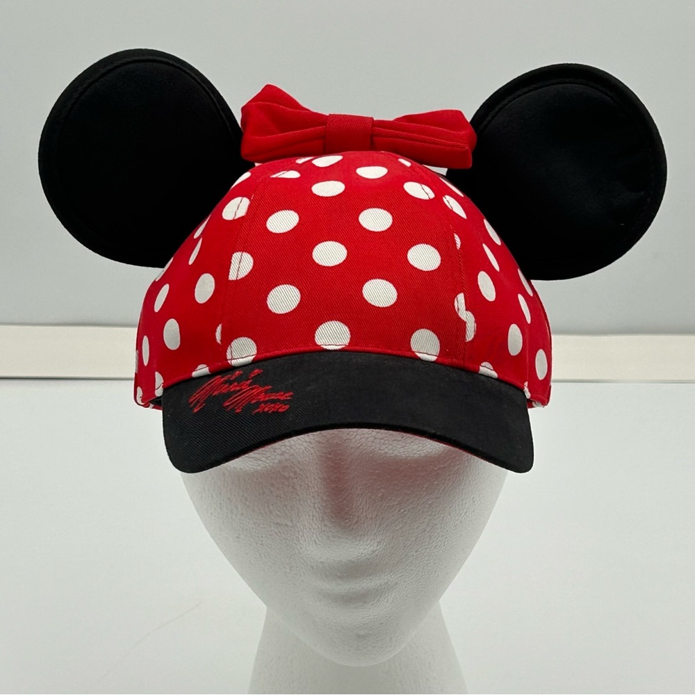 Disney Parks Minnie Mouse Ballcap Hat Youth Ears Bow Embroidery Red Polka Dot